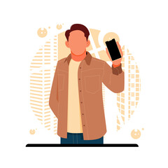portrait of man promoting applications for mobile phones, flat design concepts, vector illustrations