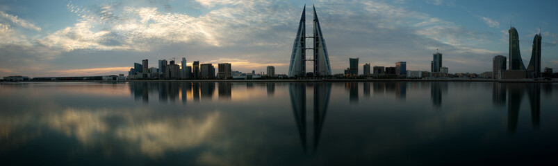 Panoramic view of Bahrain skyline with iconic buildings