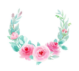 Botanical Watercolor illustration. Pink and Mint wreath with eucalyptus, spring leaves and gentle roses. Floral Design elements. Perfect for wedding invitations, greeting cards, prints, posters