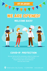Cafe reopening. Vertical template for banner with chef, waiters and message We are opened, Welcome