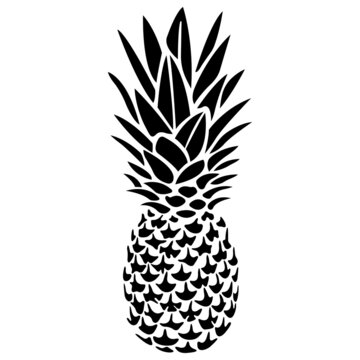 A pineapple. Realistic black silhouette in a flat style on a white isolate. Design for greeting cards, summer tropical drinks, summer fruits, healthy lifestyle, banner, print for t-shirt. Vector