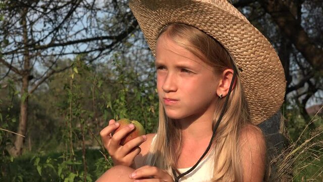 Kid Eating Apple, Child in Orchard, Kid Tasting Fruits in Tree, Farmer Girl at Village