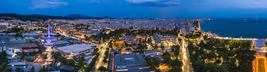 Wide panorama of Thessaloniki at twilight time. Greece.