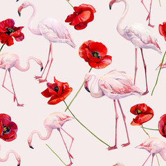 Seamless watercolor pattern of flamingos and poppies