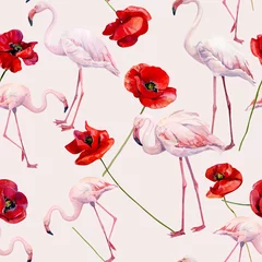 Wallpaper murals Flamingo Seamless watercolor pattern of flamingos and poppies