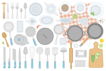 Vector set. Kitchen utensils. Top view. Kitchenware, cookware, kitchen tools collection. (view from above)