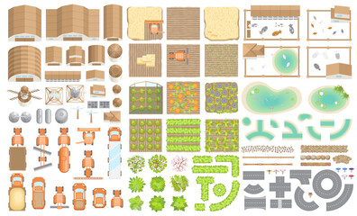 Vector set. Green farm. (top view) Fields, vegetable gardens, hangars, buildings, barns, agricultural machinery, ponds, road. (view from above) - 362134576