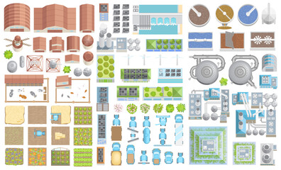 Vector set. Green city. Top view. Ecological technologies. Buildings, equipment, fields. View from above.