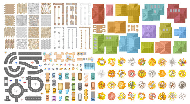 Vector Set. Autumn City Landscape. Top View. Sidewalk, Fence, Houses, Road, Cars, People, Trees. View From Above. 