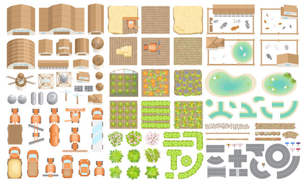 Vector set. Green farm. (top view) Fields, vegetable gardens, hangars, buildings, barns, agricultural machinery, ponds, road. (view from above)