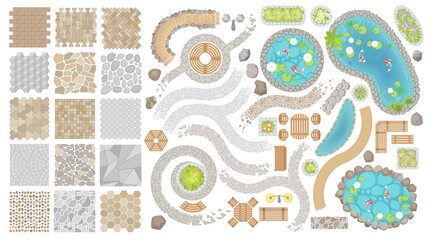 Set of vector street pavements and elements of the park. (Top view) Collection for landscape design, plan, maps. (View from above) Flowerbed, paths, furniture, ponds, stones. - 362134731