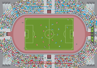 Football stadium top view. Soccer field. (view from above) Fans in the stands watching the match. © Алексей Шпадарук