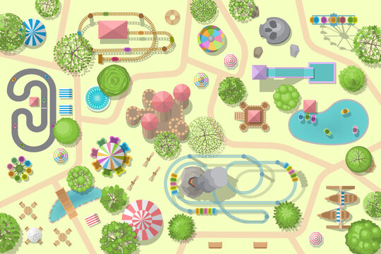 A vector illustration of amusement park map. (Top view) Attractions, paths, lake, circus, plants, tents. (View from above)