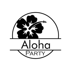 Fototapeten Concepto invitación a fiesta luau. Logotipo lineal con texto Aloha Party en círculo con flor de hibisco en color negro © teracreonte