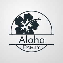 Concepto invitación a fiesta luau. Logotipo lineal con texto Aloha Party en círculo con flor de hibisco en fondo gris