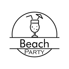 Concepto invitación a fiesta en la playa. Logo lineal con texto Beach Party en círculo con cocktail en color negro