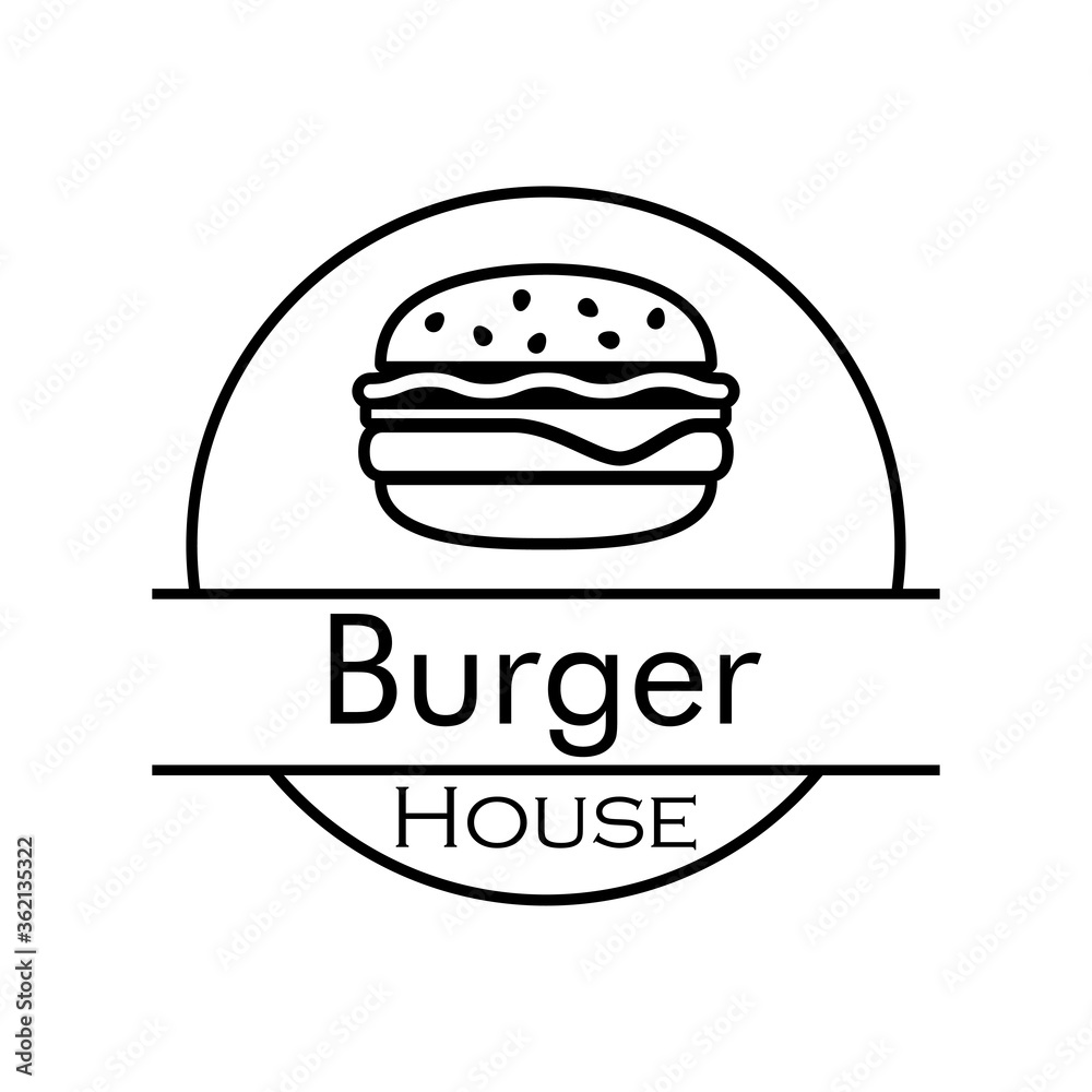 Poster concepto comida rápida. logotipo lineal con texto burger house en círculo con hamburguesa en color n