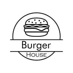 Concepto comida rápida. Logotipo lineal con texto Burger House en círculo con hamburguesa en color negro