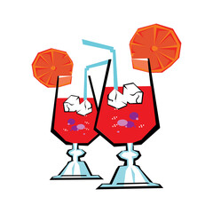 Vector Tequila Sunrise cocktail garnished with maraschino cherry, fresh orange, party umbrella and red, yellow straw tubes isolated on white background in EPS10