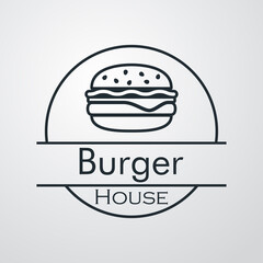 Concepto comida rápida. Logotipo lineal con texto Burger House en círculo con hamburguesa en fondo gris