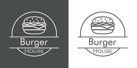 Concepto comida rápida. Logotipo lineal con texto Burger House en círculo con hamburguesa en fondo gris y fondo blanco