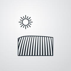 Concepto granja agrícola. Icono plano lineal campo de cultivo con sol en fondo gris © teracreonte