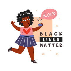 Black lives matter. Afro American child, girl with soap bubble. Dark skin color. No racism. Active social position. Human rights. Flat vector illustration, icon, sticker. Isolated on background.