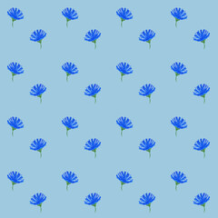 Blue small flowers of chicory and cornflowers are drawn in gouache. Simple seamless floral pattern. Fashionable Milflers. Elegant template for fashionable prints, textiles, wallpapers, patterns, cover