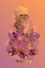 Exquisite silhouette of a woman with a gold contour and chic stylized hair, which meditates on the background of tropical leaves and handwritten inscription - Meditation. Yoga, relaxation, healthy lif