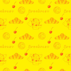 Seamless pattern breakfast, vector illustration, peach, croissant, cherry and muffin, lettering, hand drawing, yellow and orange color