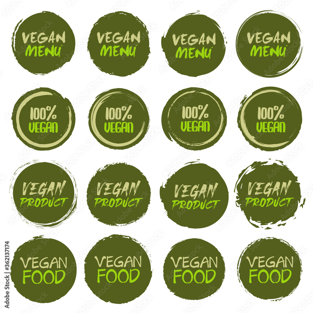 Poster vegan logo collection. set of different grunge circles shapes label with different text