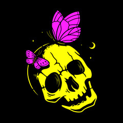 SKULL WITH BUTTERFLIES YELLOW BLACK BACKGROUND