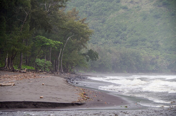 Black Sand Beach on Big Island in Hawaii lies in the famous Waipio Valley Bay and is a popular...
