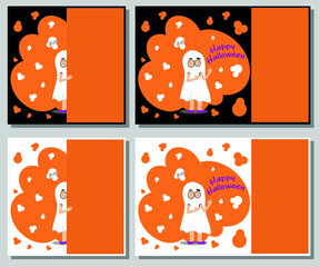 4 Halloween cards with orange elements. A child in a ghost costume is hiding behind a wall. Top text boo. Happy Halloween text behind the wall. Flat vector illustration layered. Each layer is named.