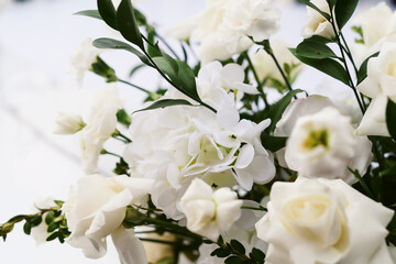 Wedding flower arrangement and decoration. Empty copyspace and space for text. Holiday accessories and backgrounds