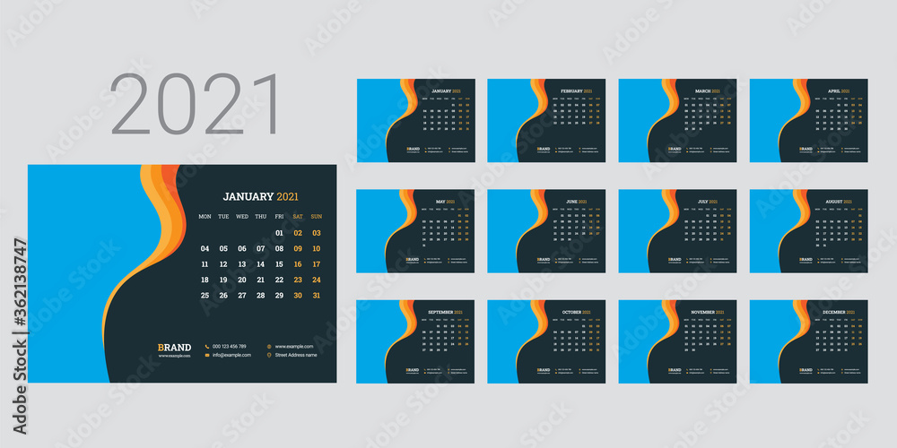 Wall mural Calendar 2021 week start Monday corporate design template vector.