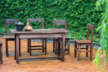 Blur background of outdoors garden furniture set