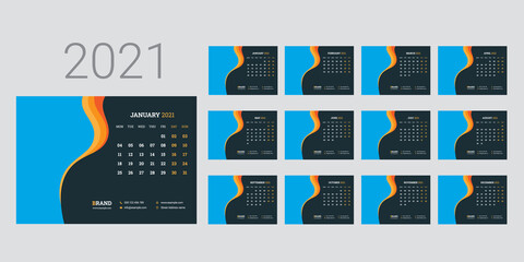 Calendar 2021 week start Monday corporate design template vector.