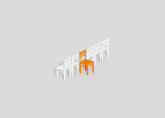 Fototapeta premium Orange chair standing opposite to a row of white chairs, temper concept idea backdrop, isometric 3D illustration