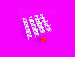 Red chair in front of white chairs. Training audience concept banner 3D illustration