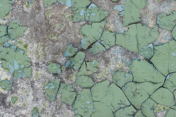 Green peeling paint on the wall. Old concrete wall with cracked flaking paint. Weathered rough painted surface with patterns of cracks and peeling. High resolution texture for background and design.