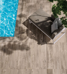 Modern outdoor design with wood texture seamless, pool, luxurious background.
