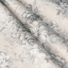 Fabric with natural texture, Cloth backdrop. Black-white flowers drawing on the fabric.