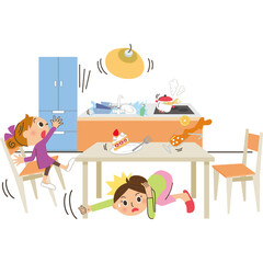 Fototapeta premium 災害 地震 キッチン 落下 食事中