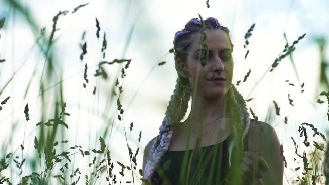 Young modern girl with colorful violet white blue braids. Braids, a black T-shirt and jeans. Stands in a field of green tall grass. Enjoys the nature. Depth of field. 4K resolution