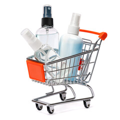 group of hand sanitizer spray and liquid soap bottles in small shopping cart basket isolated on white background