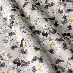 Fabric with natural texture, Cloth backdrop. Small flowers drawing ornament on fabric.