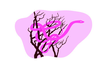 Snake on the dry tree. Pink snake. Long tail. Pink background