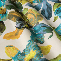 Beautiful large blue flowers drawing on the fabric. Fabric with natural texture, Cloth backdrop.