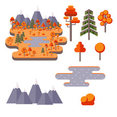 Flat style landscape illustration. Flat autumn forest scenic with mountains and meadow with lake.